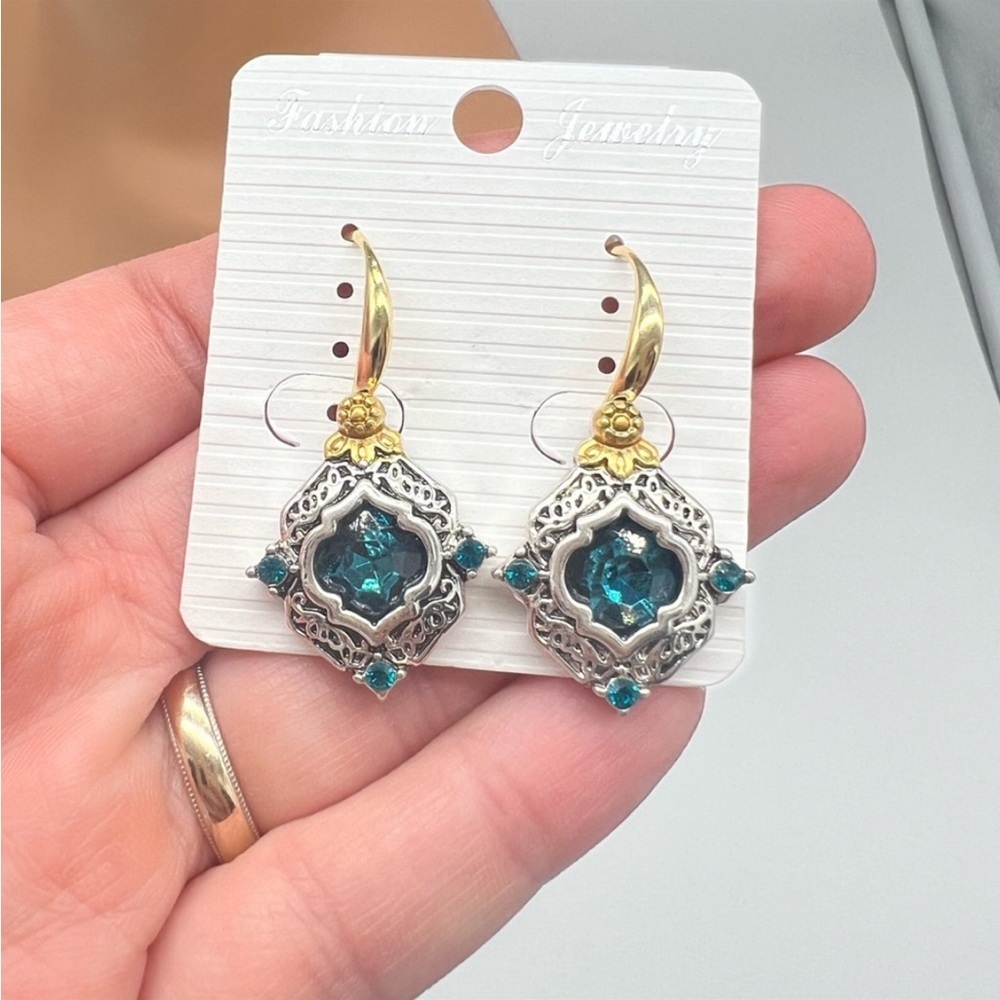 Filigree SILVER GOLD VINTAGE STYLE SAPPHIRE EARRINGS Vintage Style - Picture 9 of 10